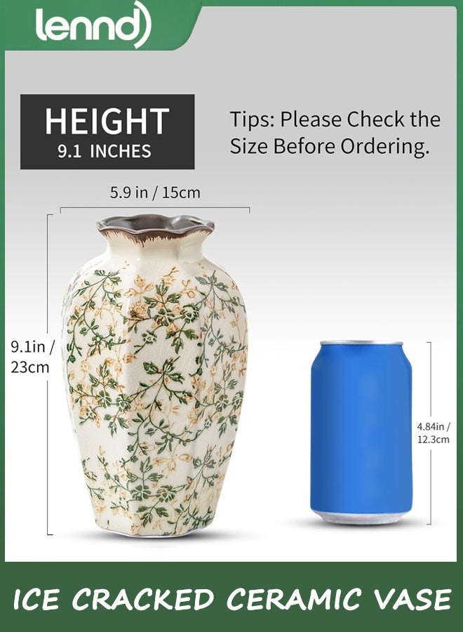 LENND Vintage Pastoral Octagonal Vase, Beige Retro Ceramic Flower Vase, Rustic Farmhouse Vases Chinoiserie Floral Large Vase for Home Decor, Living Room, Kitchen, Bedroom and Shelf 9.1 Inch - Image 4